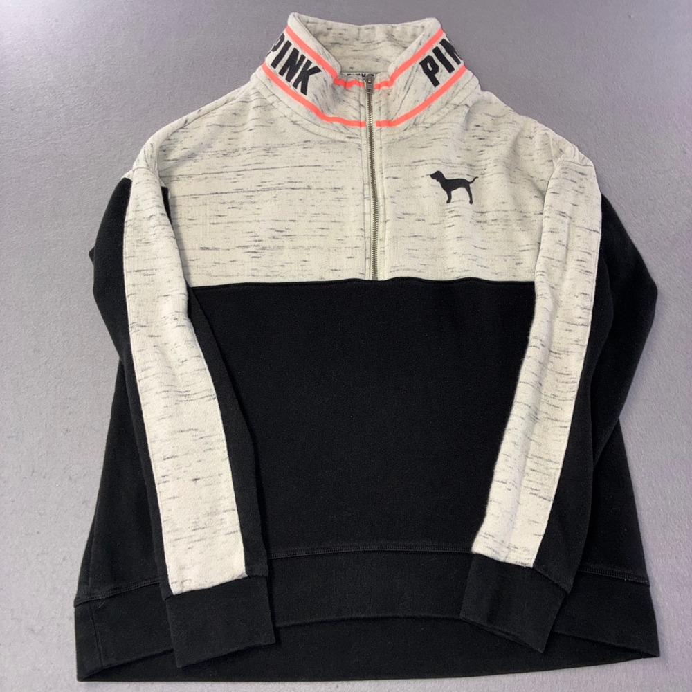 PINK Victoria's Secret Quarter Zip Pullover Womens Medium Black Grey Colorblock